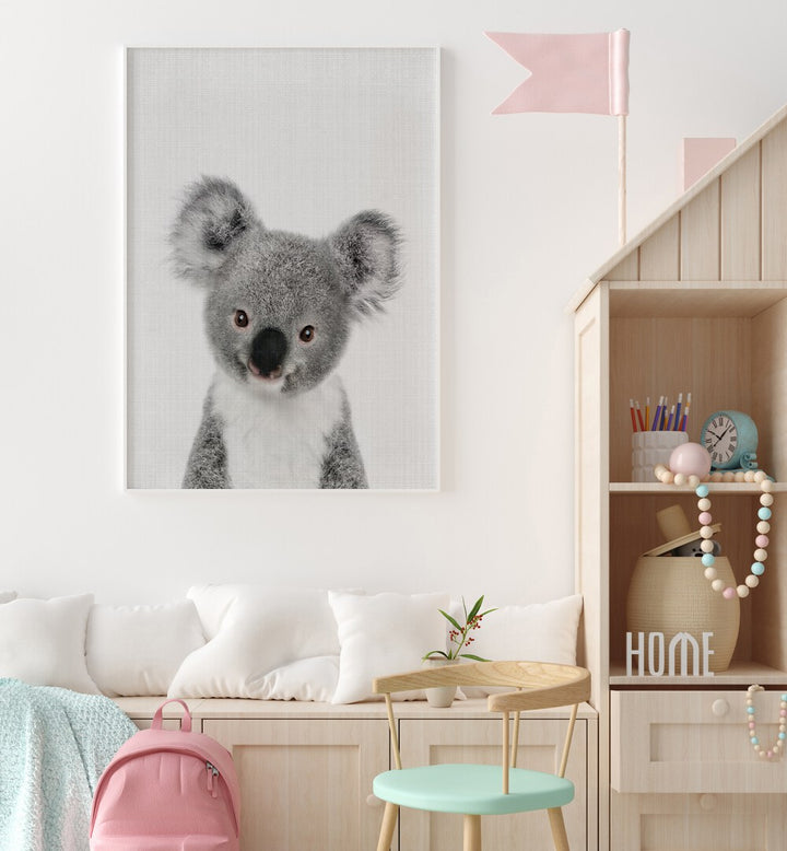 peekaboo baby koala by lola peacock kids room paintings Artwork III placed on a wall