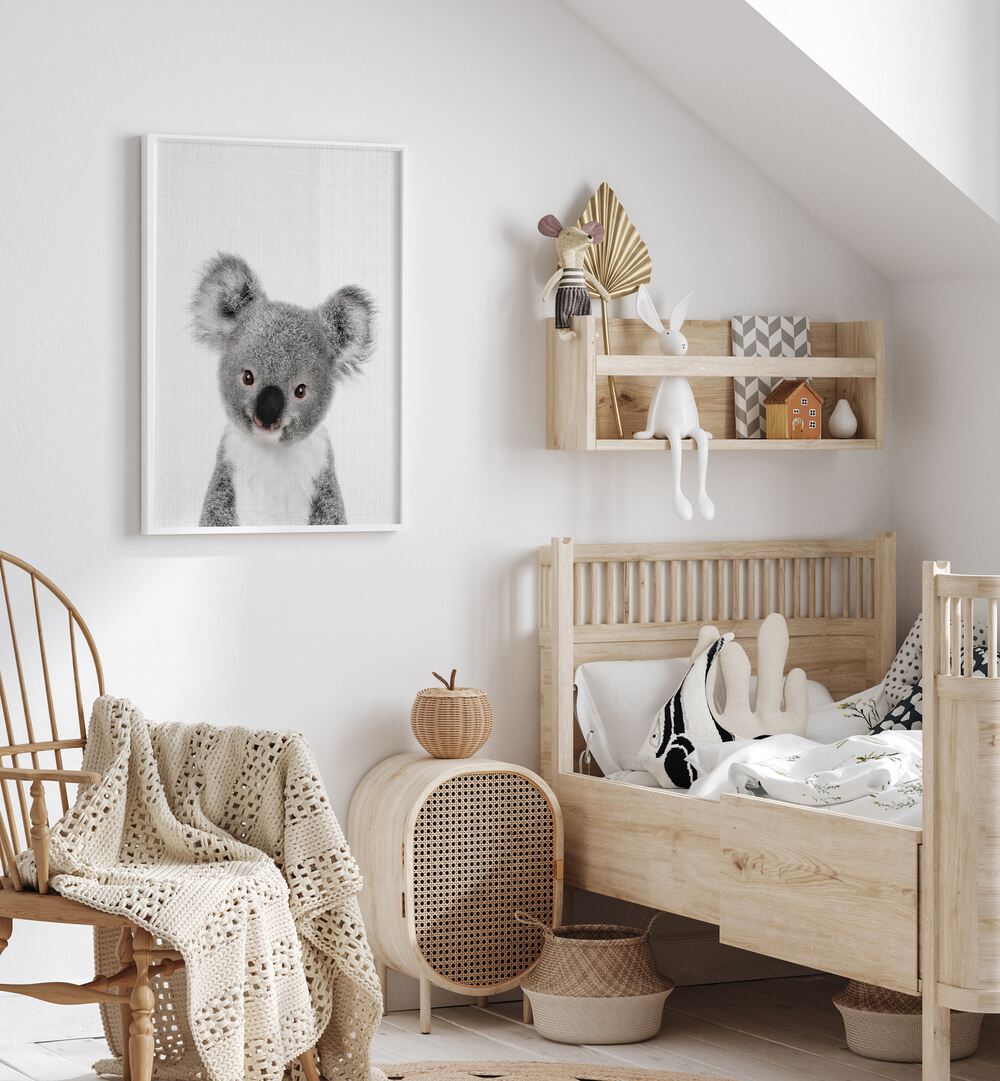 peekaboo baby koala by lola peacock kids room paintings Artwork IV placed on a wall