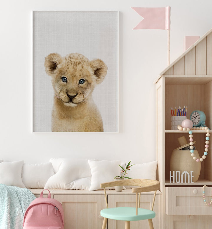 peekaboo baby lion by lola peacock kids room paintings Artwork II placed on a wall