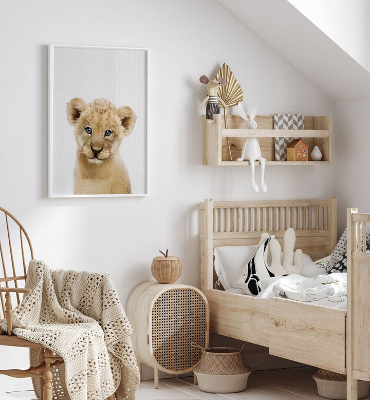 peekaboo baby lion by lola peacock kids room paintings Artwork III placed on a wall