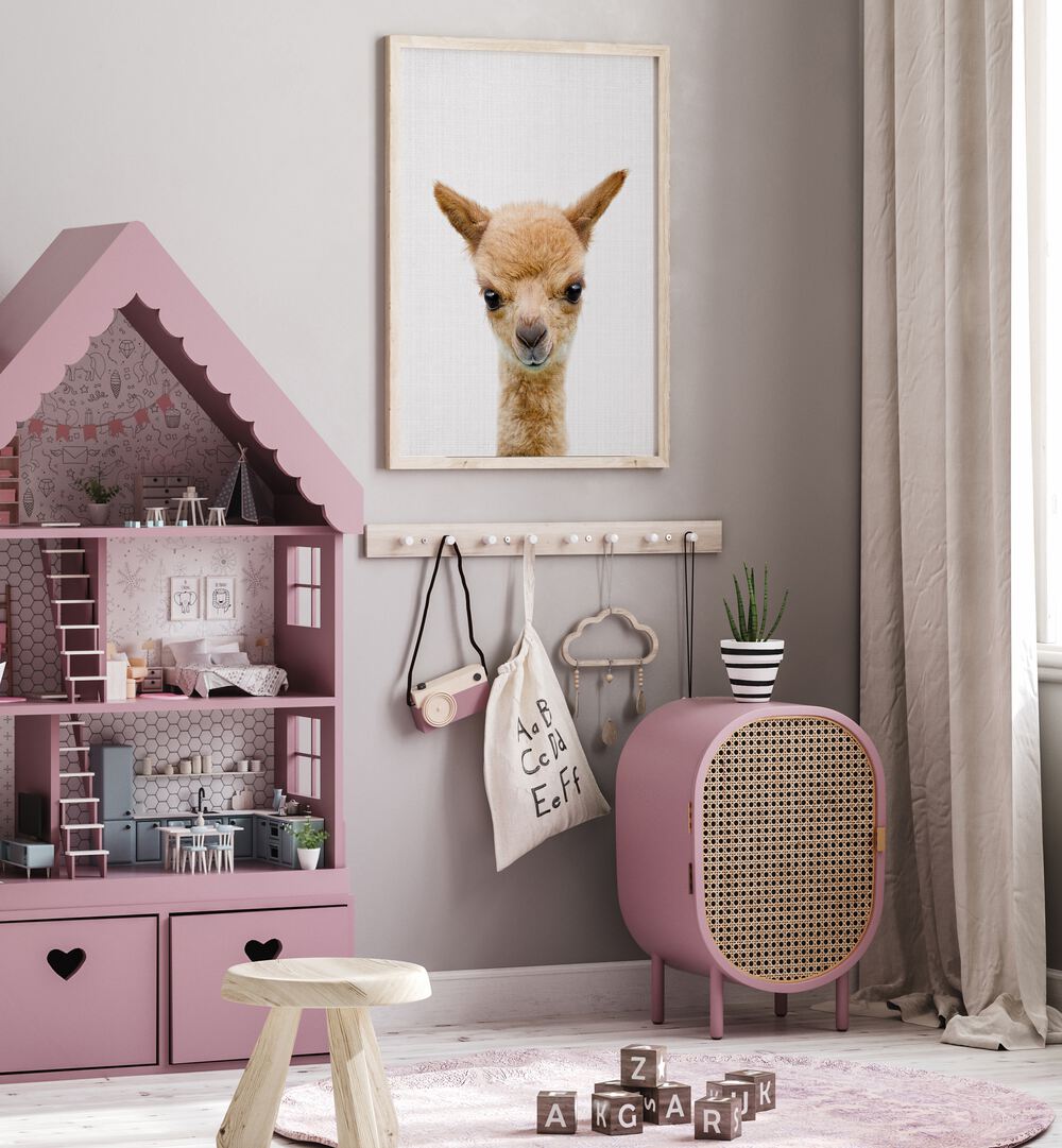 peekaboo baby llama by lola peacock kids room paintings Artwork V placed on a wall