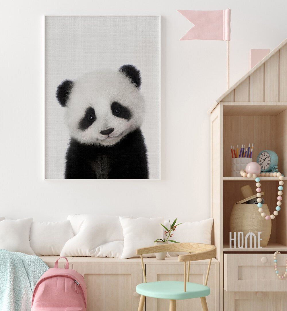 peekaboo baby panda by lola peacock kids room paintings Artwork II placed on a wall