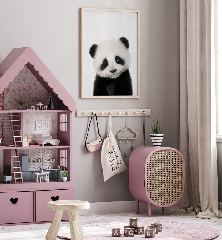 peekaboo baby panda by lola peacock kids room paintings Artwork III placed on a wall