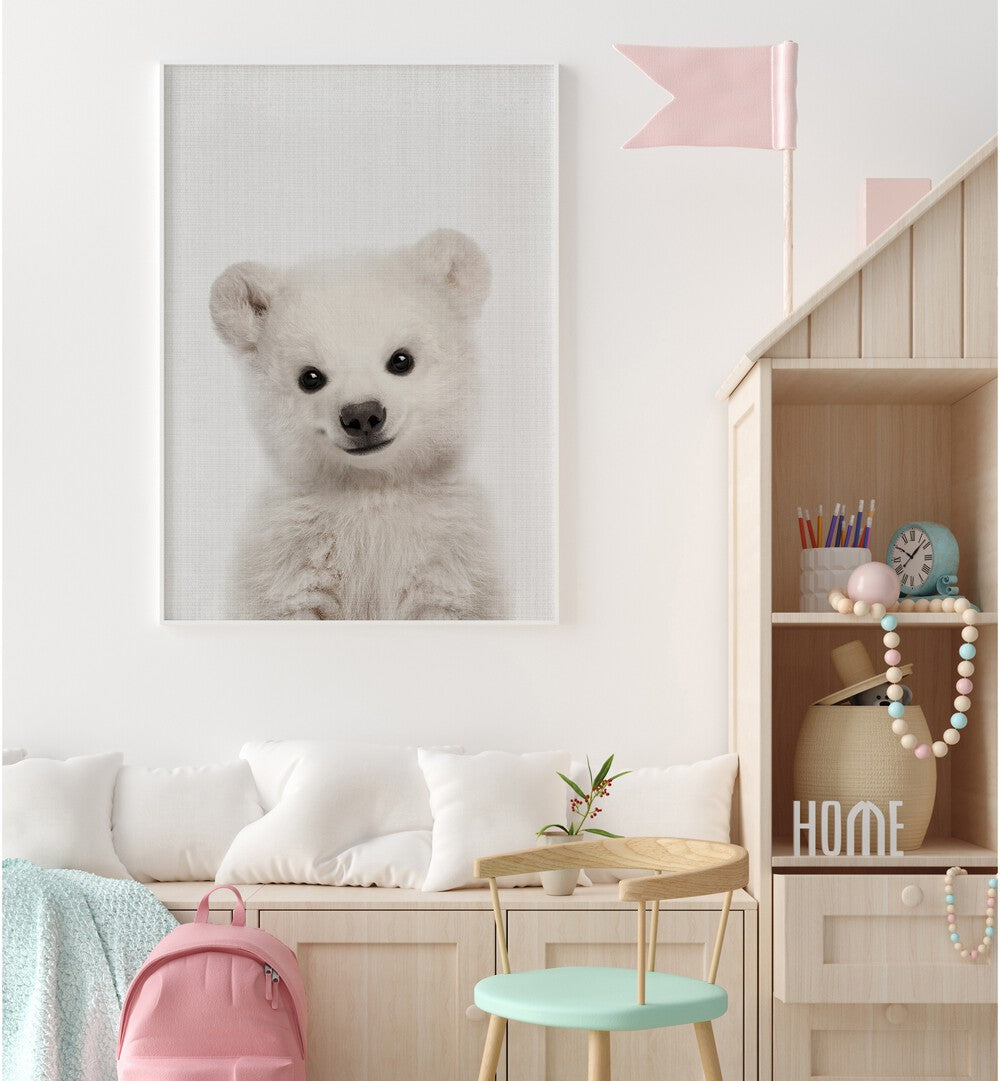 peekaboo baby polar by lola peacock kids room paintings Artwork II placed on a wall