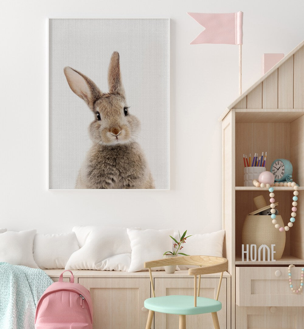 peekaboo baby rabbit by lola peacock kids room paintings Artwork II placed on a wall