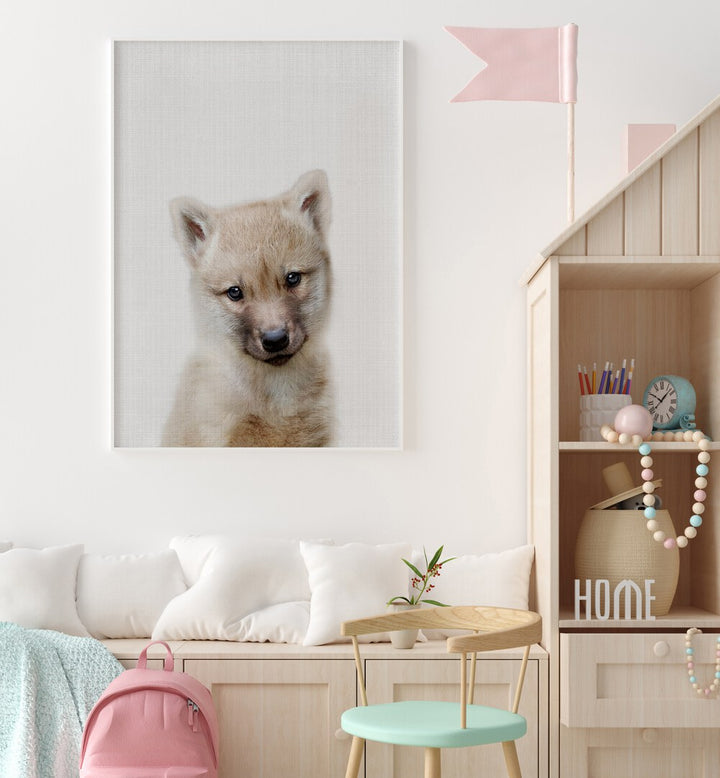 peekaboo baby wolf by lola peacock kids room paintings Artwork II placed on a wall