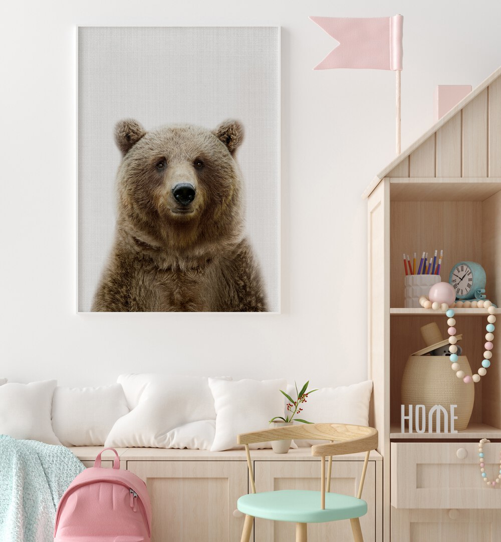 peekaboo bear by lola peacock kids room paintings Artwork II placed on a wall