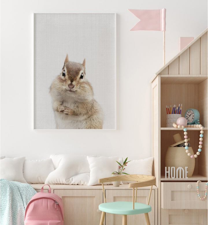 peekaboo chipmunk by lola peacock kids room paintings Artwork II placed on a wall