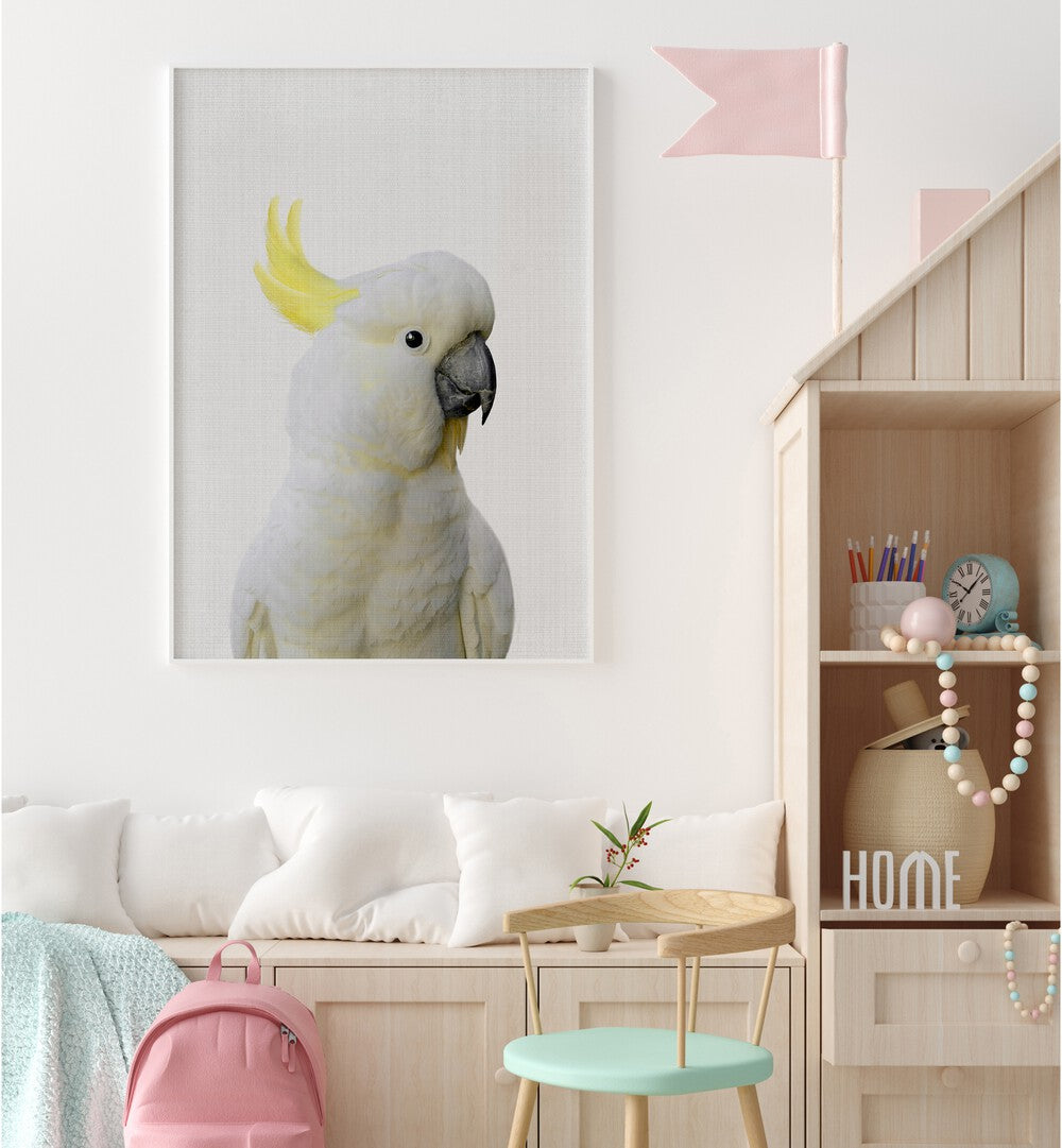 peekaboo cockatoo by lola peacock kids room paintings Artwork II placed on a wall