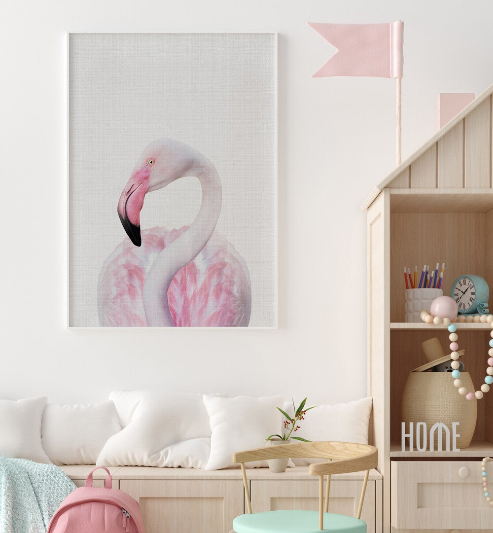 peekaboo flamingo by lola peacock kids room paintings Artwork II placed on a wall