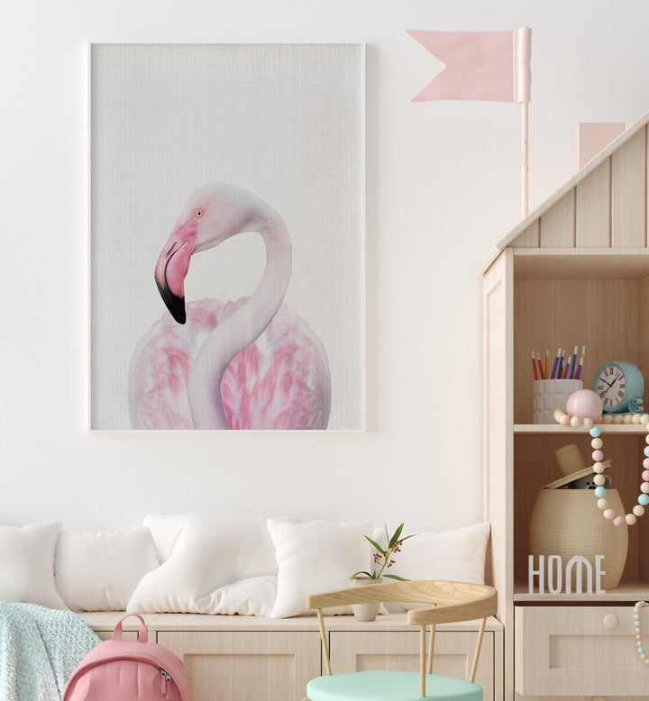 peekaboo flamingo by lola peacock kids room paintings Artwork II placed on a wall