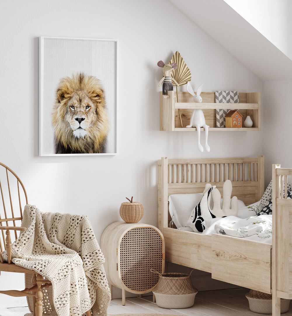 peekaboo lion by lola peacock kids room paintings Artwork IV placed on a wall