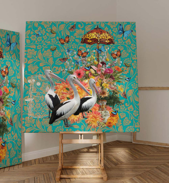 Stunning PELICANS A FLUTTERING BUTTERFLIES, WALL ART PRINTS by Sue Skellern, showcasing vibrant nature and tranquility.