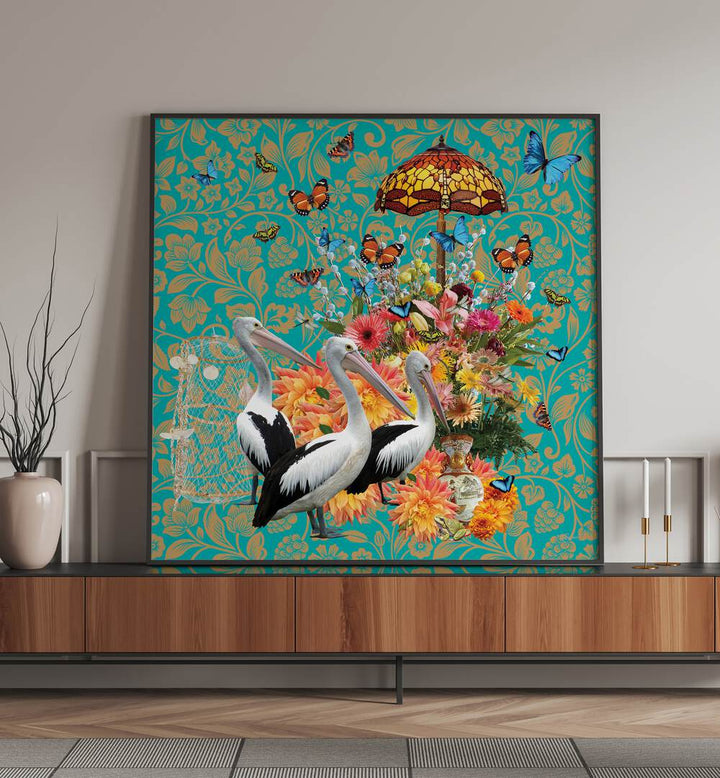 Vibrant wall art print featuring pelicans and butterflies, titled PELICANS A FLUTTERING BUTTERFLIES, by Sue Skellern.