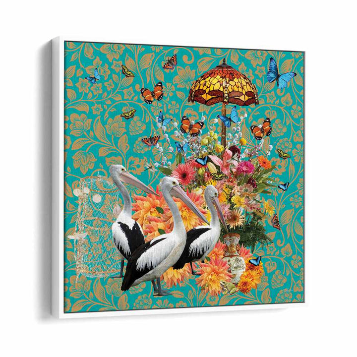 Colorful wall art featuring pelicans and butterflies, titled PELICANS A FLUTTERING BUTTERFLIES, by Sue Skellern.