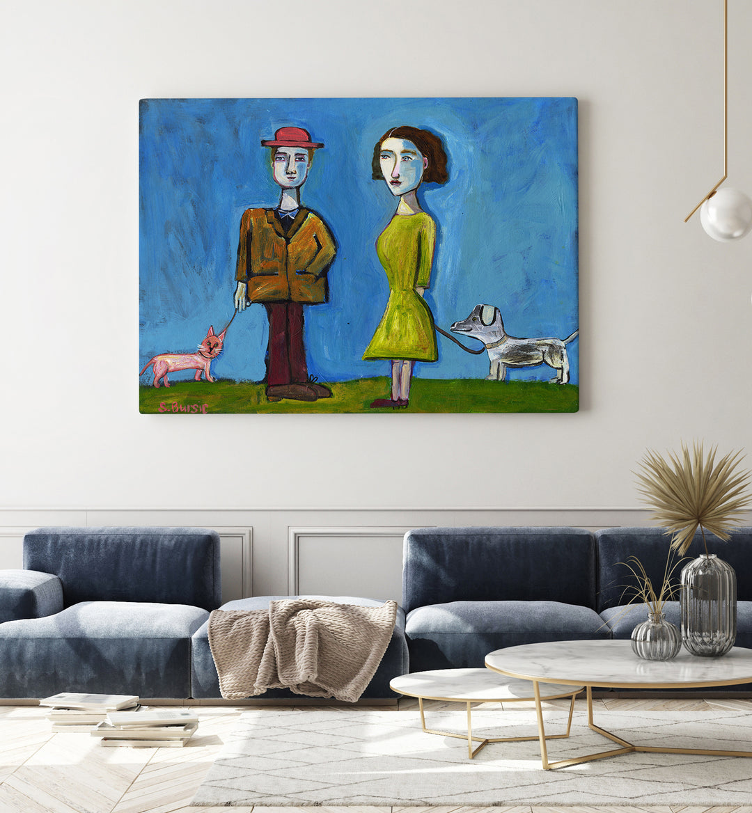 people walking cat and dog women illustration paintings Artwork II placed on a wall