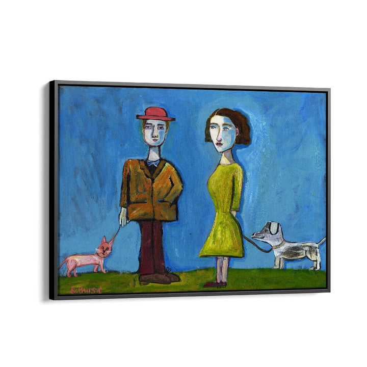 people walking cat and dog women illustration paintings in Black Floater Frame