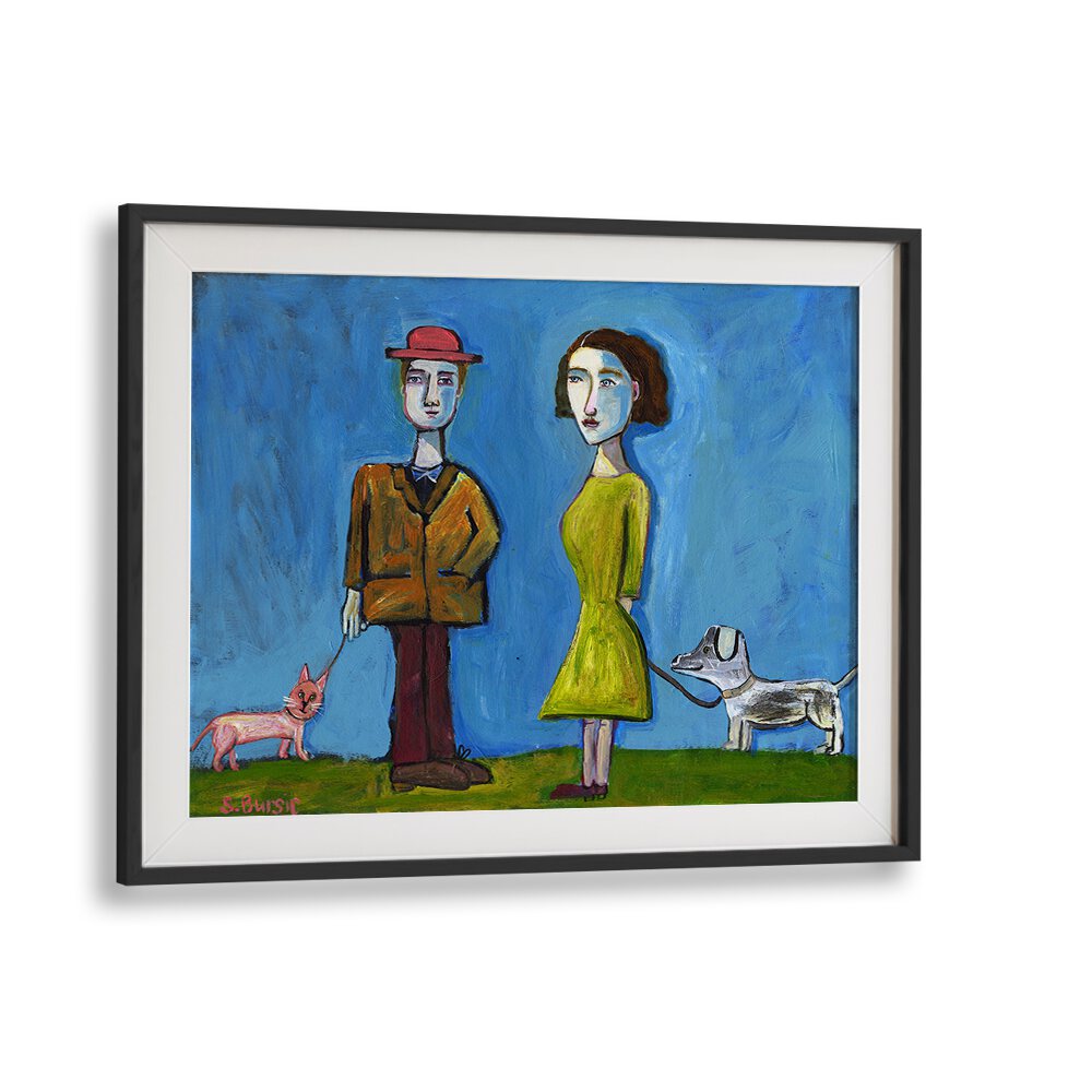 people walking cat and dog women illustration paintings in Black Frame With Mount