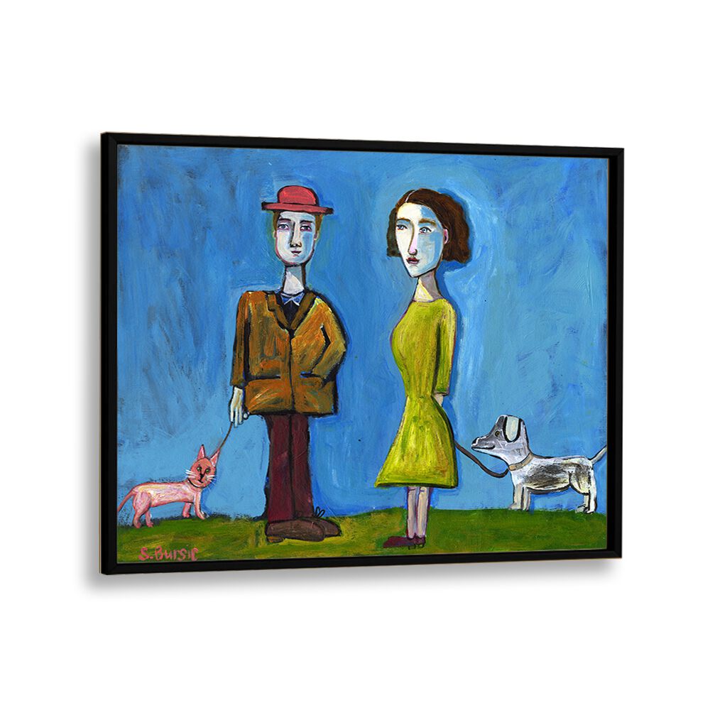 people walking cat and dog women illustration paintings in Black Plain Frame