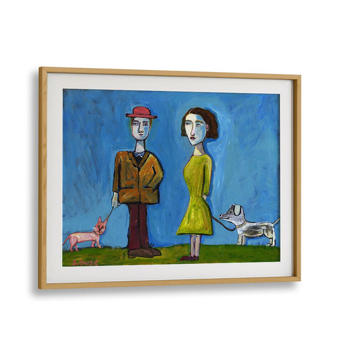 people walking cat and dog women illustration paintings in Oak Wood Frame With Mount