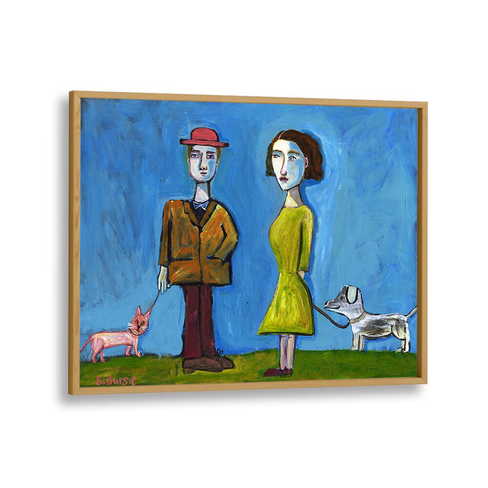 people walking cat and dog women illustration paintings in Oak Wood Plain Frame