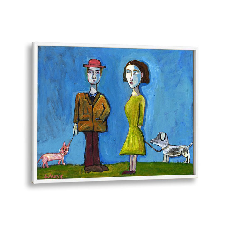 people walking cat and dog women illustration paintings in White Plain Frame