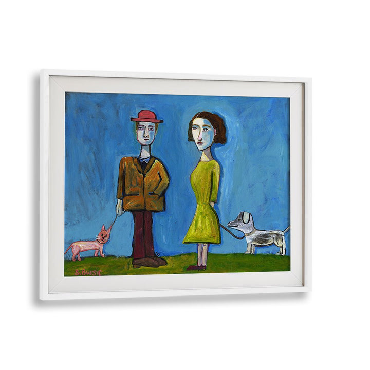 people walking cat and dogwomen illustration paintings in White Frame With Mount