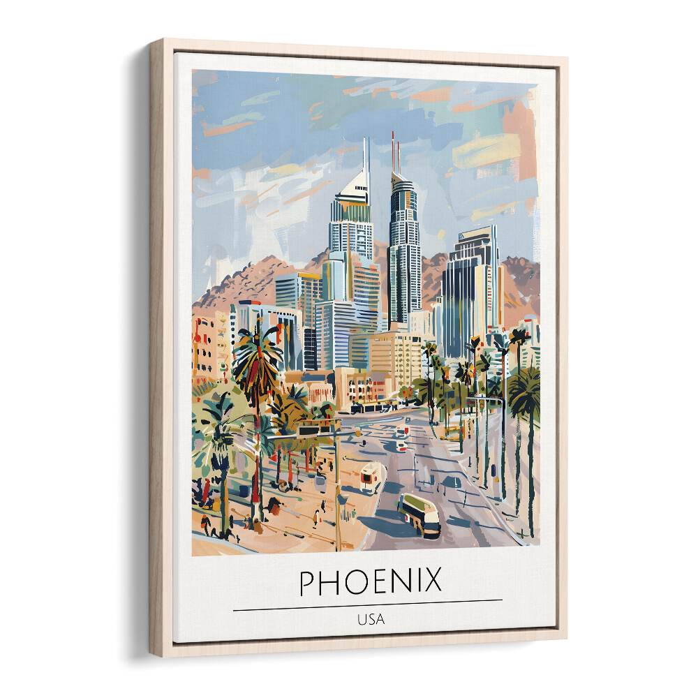 phoenix-usa travel posters in Oak Wood Floater Frame