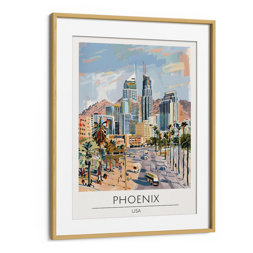 phoenix-usa travel posters in Oak Wood Frame With Mount