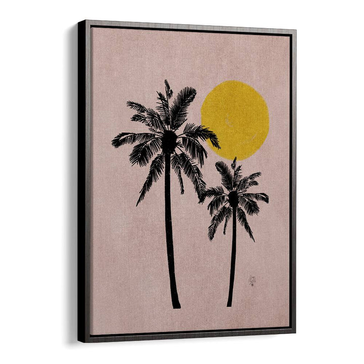 pink bg palm tree landscape painttings in Black Floater Frame