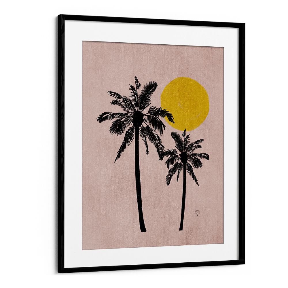 pink bg palm tree landscape painttings in Black Frame With Mount