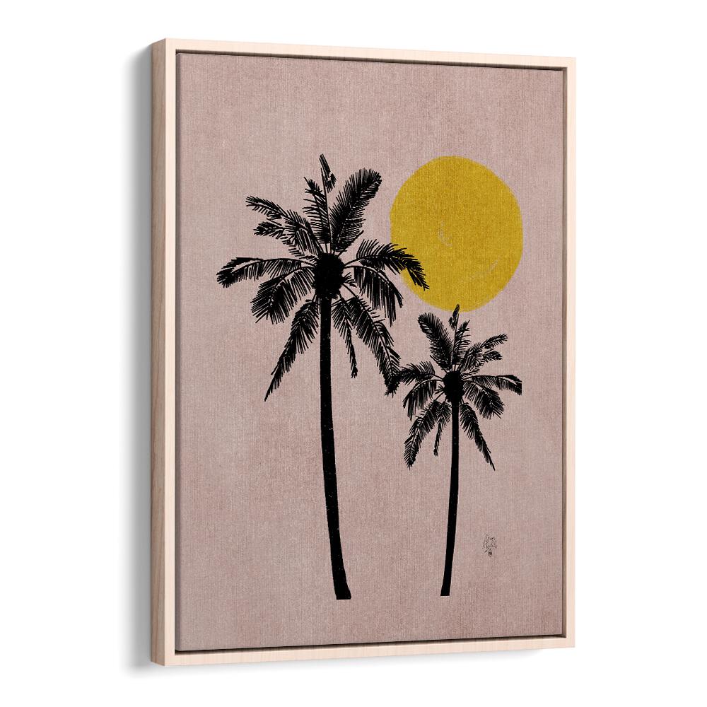 pink bg palm tree landscape painttings in Oak Wood Floater Frame