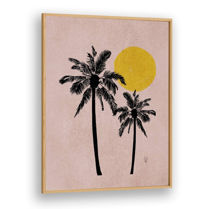 pink bg palm tree landscape painttings in Oak Wood Plain Frame