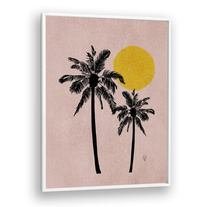 pink bg palm tree landscape painttings in White Plain Frame