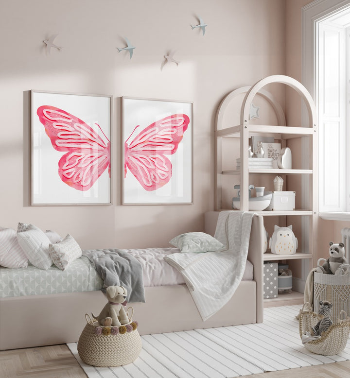 pink butterfly set of 2 Artwork II placed on a wall