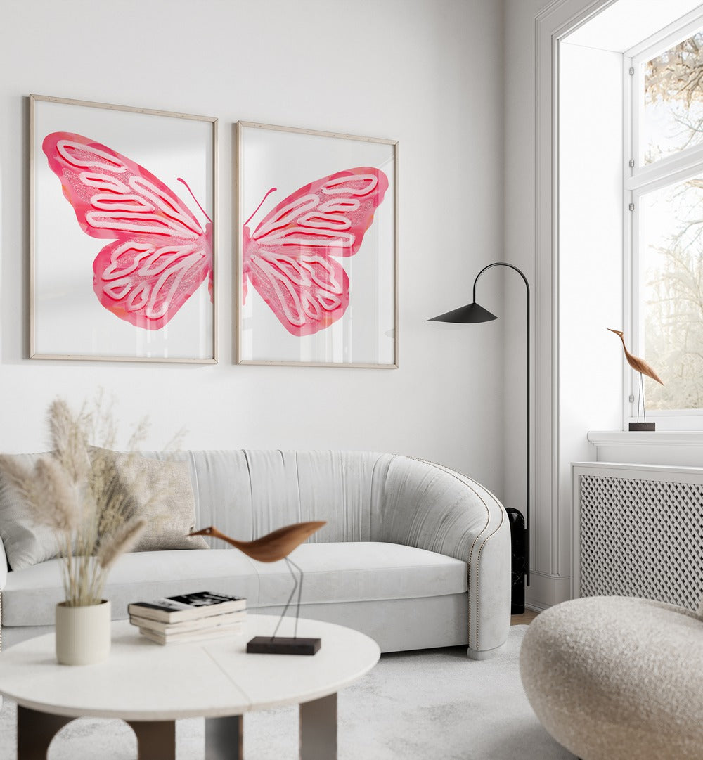 pink butterfly set of 2 Artwork IX placed on a wall