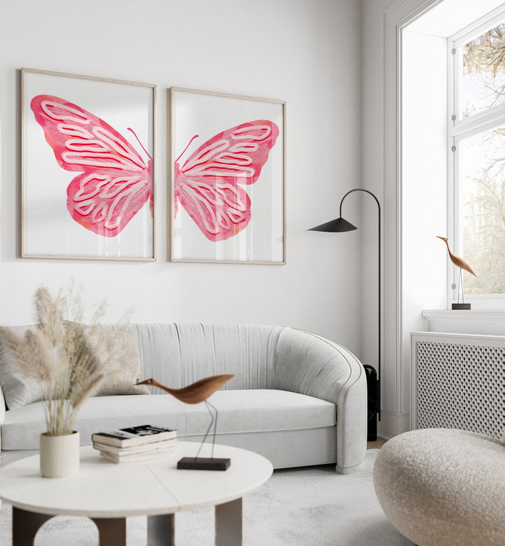 pink butterfly set of 2 Artwork IX placed on a wall