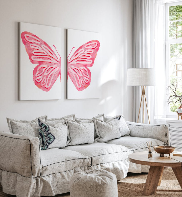 pink butterfly set of 2 Artwork V placed on a wall