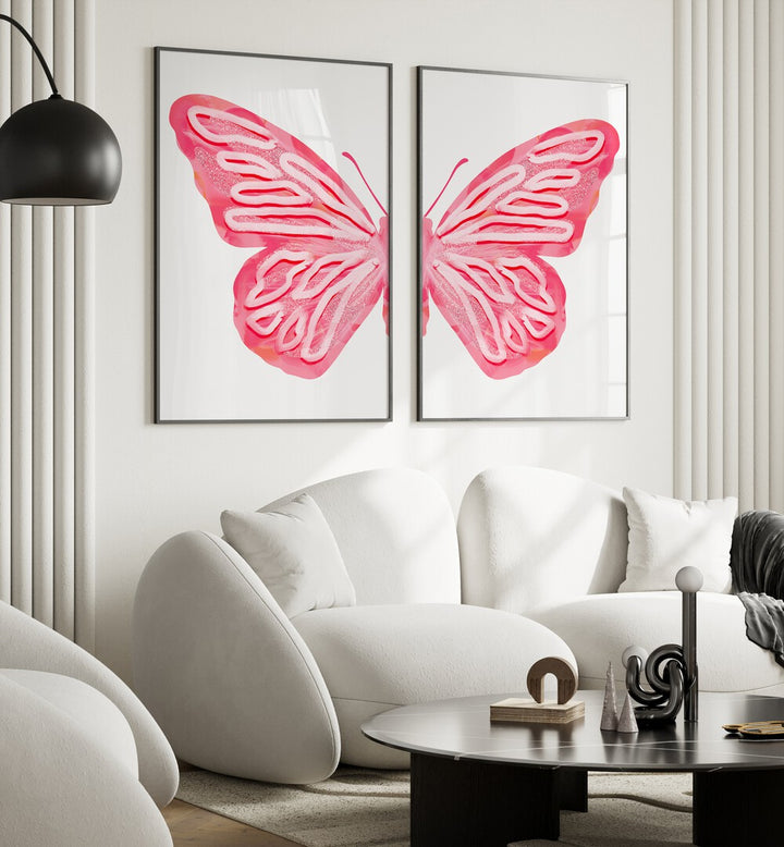 pink butterfly set of 2 Artwork VI placed on a wall