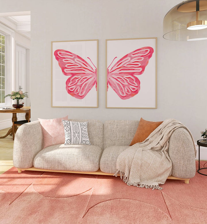 pink butterfly set of 2 Artwork VII placed on a wall