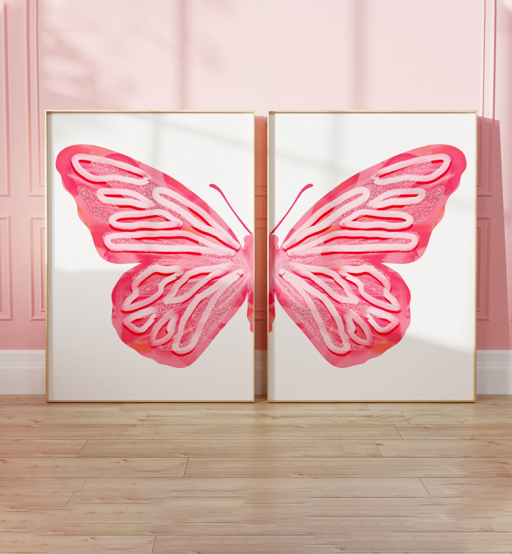 pink butterfly set of 2 Artwork VIII placed on a wall