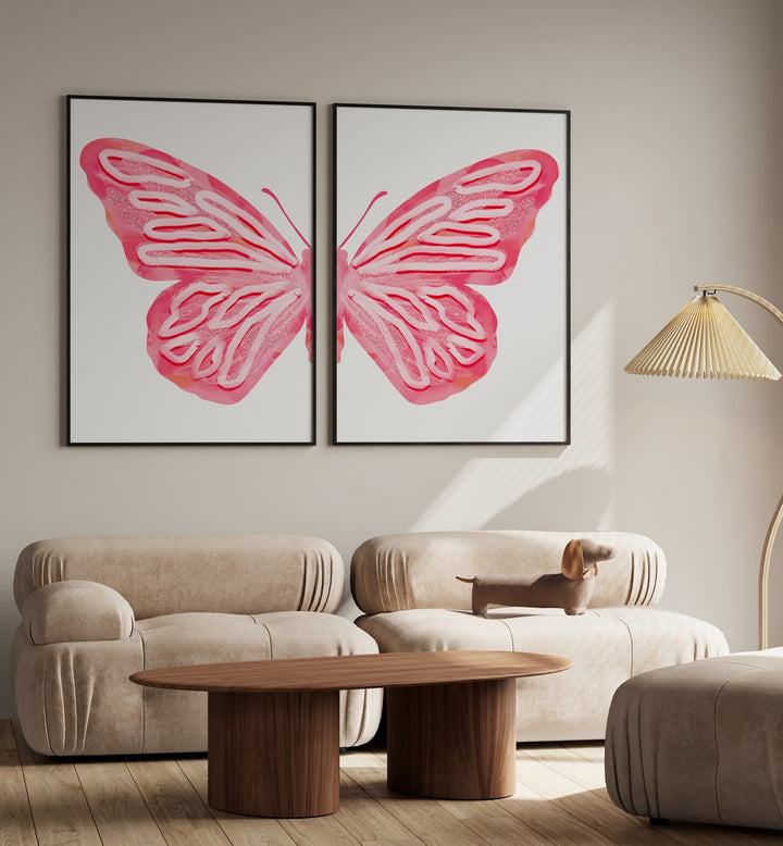 pink butterfly set of 2 Artwork X placed on a wall