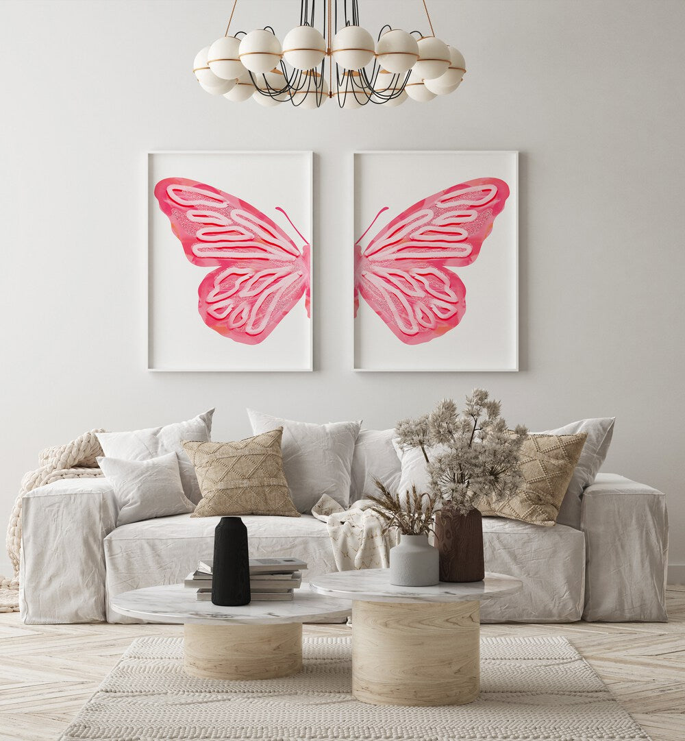 pink butterfly set of 2 Artwork XI placed on a wall with white sofa 