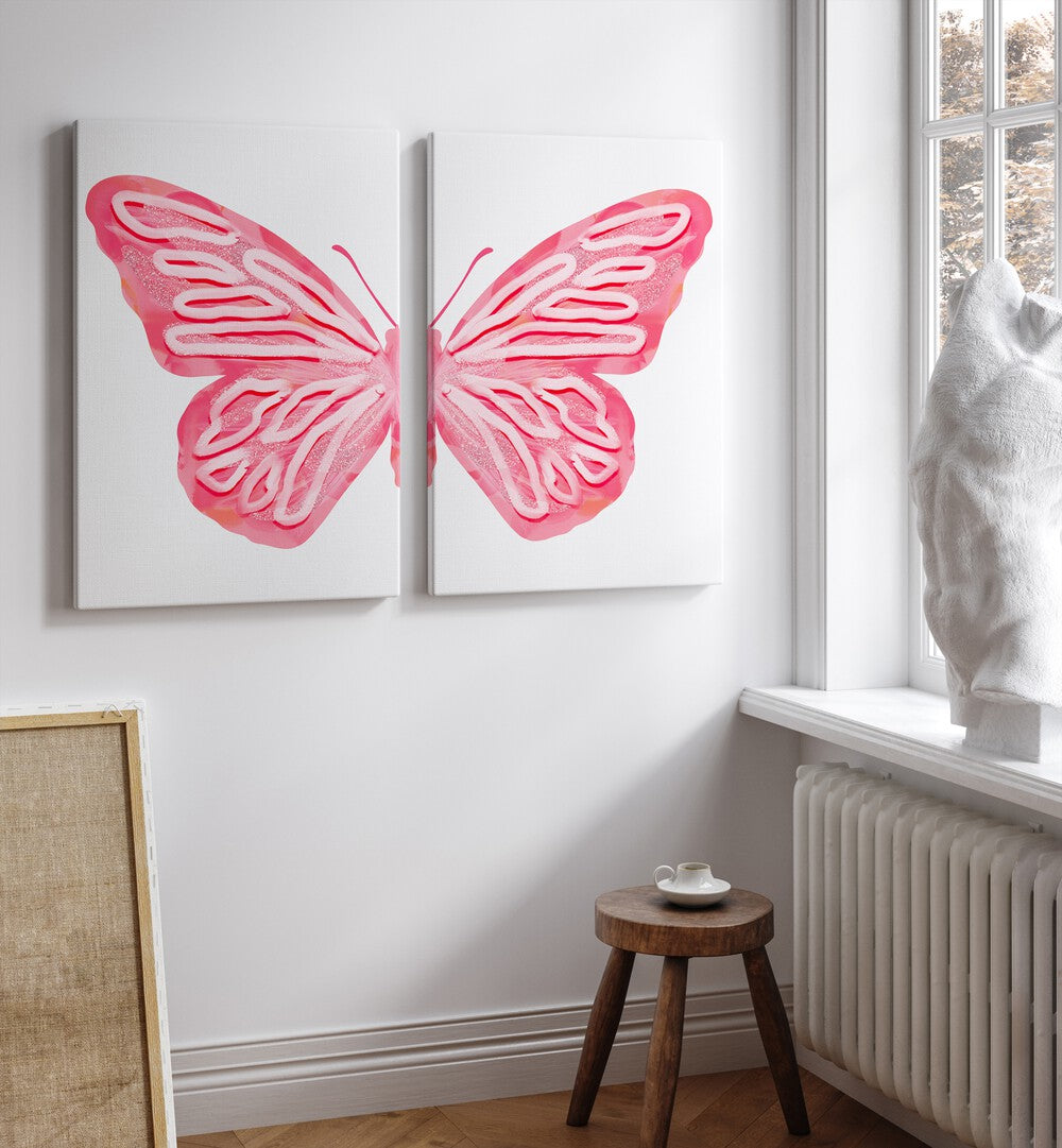 pink butterfly set of 2 Artwork XII placed on a wall