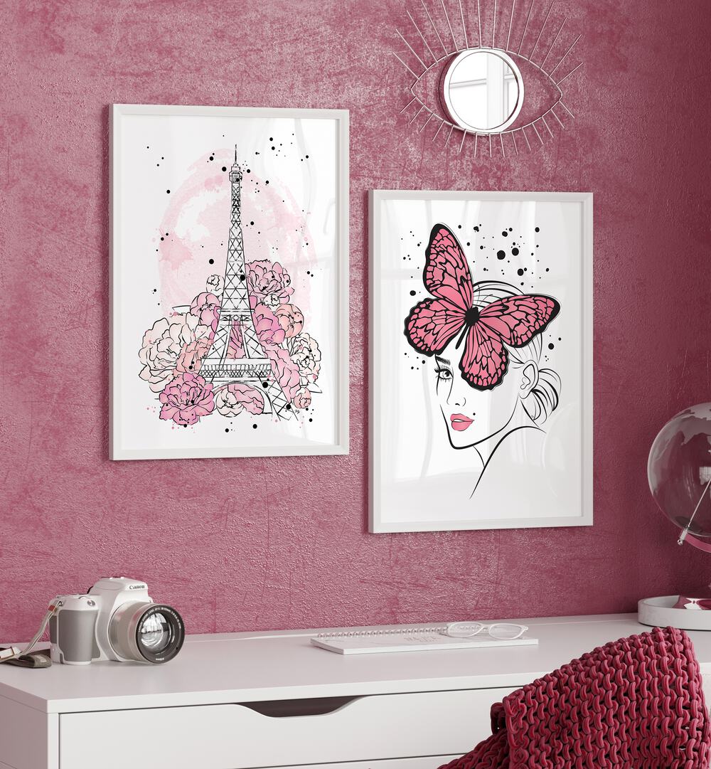 Elevate your decor with the PINK LADY SET, SET OF 2 PAINTINGS featuring the Eiffel Tower and pink butterflies.