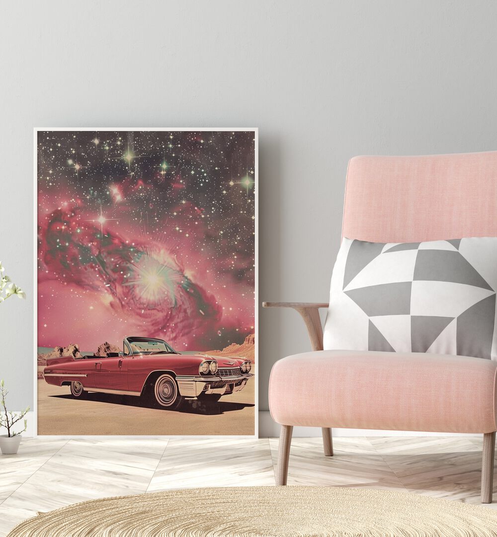 pink space car car poster Artwork I near a Dark Grey Colored Wall