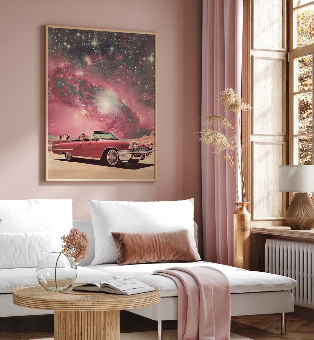 pink space car car poster Artwork II near a  white colour Sofa