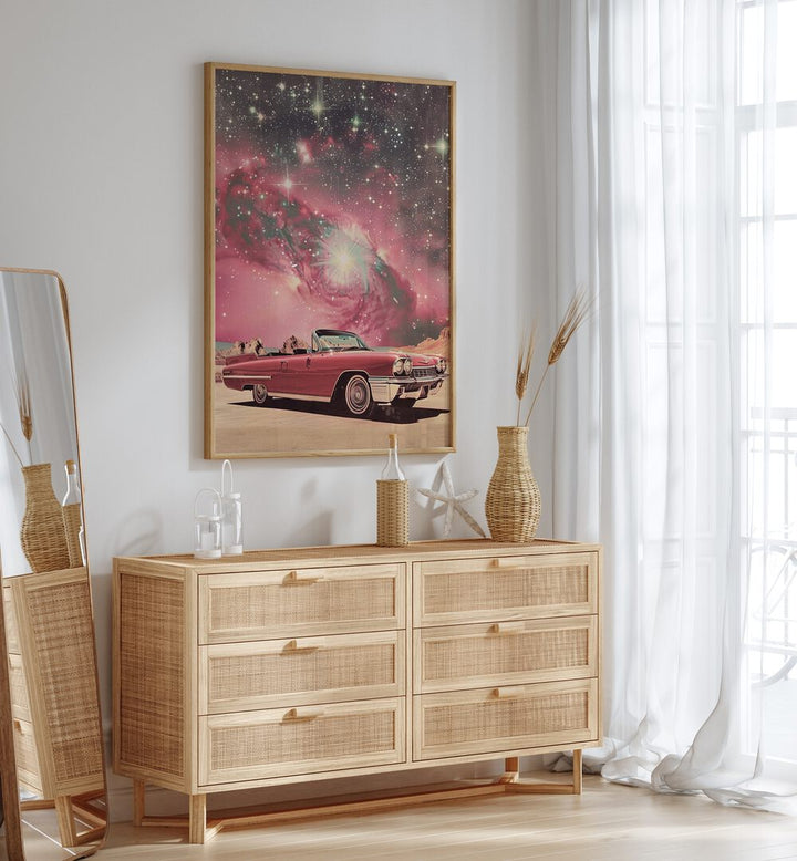 pink space car car poster Artwork III above a Shelf