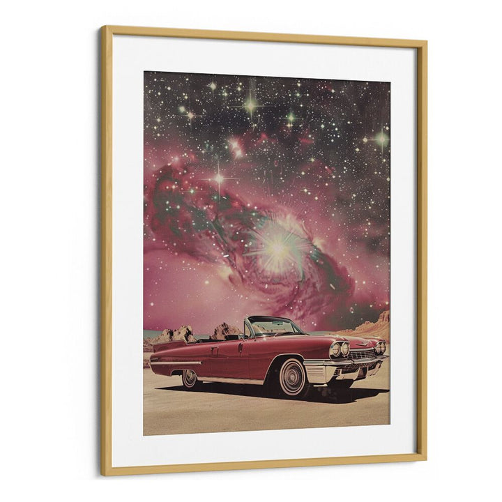 pink space car car poster in Oak Wood Frame With Mount 