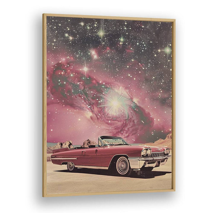 pink space car car poster in Oak Wood Plain Frame